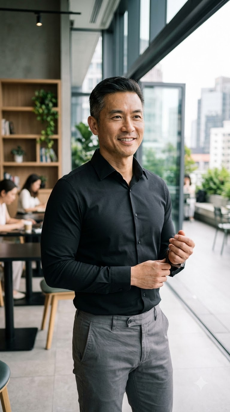 Man_wearing_black_dress_shirt_20260920124508 Stretch Mens Dress Shirts Long Sleeve Slim Fit Dress Shirts for Men Muscle Fit Wrinkle Free Button Down Shirt - Image 1