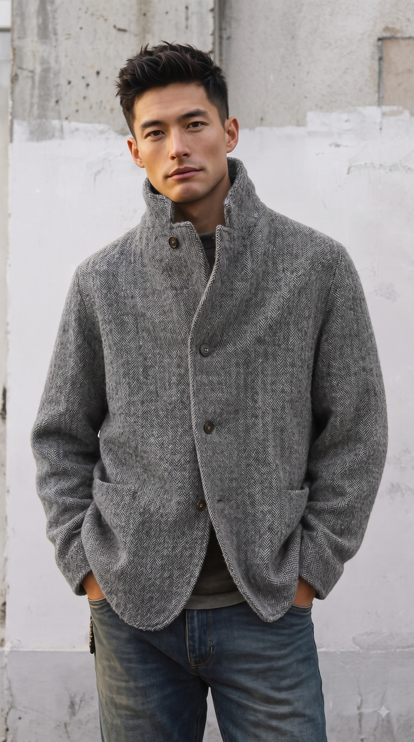 Man_wearing_jacket_2K_20261014124440 Timeless Herringbone Stand Collar Lined Jacket - Image 1