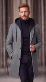 Faux Two-Piece Hooded Wool Blend Overcoat