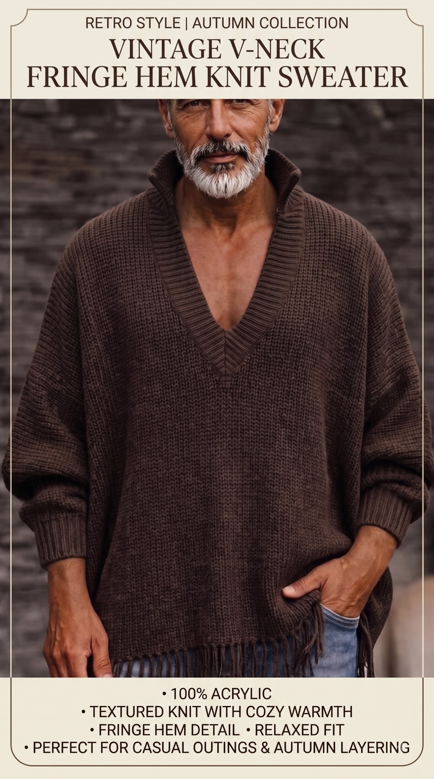 Vintage V-Neck Fringe Hem Knit Sweater - Image 2