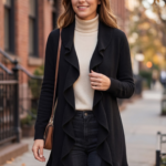 Women's Ruffled Long Front Open Cardigan in Pure Cashmere
