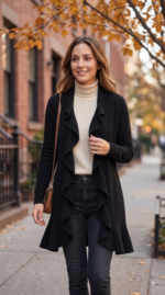 Women's Ruffled Long Front Open Cardigan in Pure Cashmere