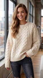 Aelfric Eden Sweaters for Women Oversized Chunky Cable Knit Crew Neck Unisex, Long Sleeve, Loose Fit, Soft, Comfy, Fall Winter Pullover, Classic Vintage Basic Solid Casual Trendy Tops